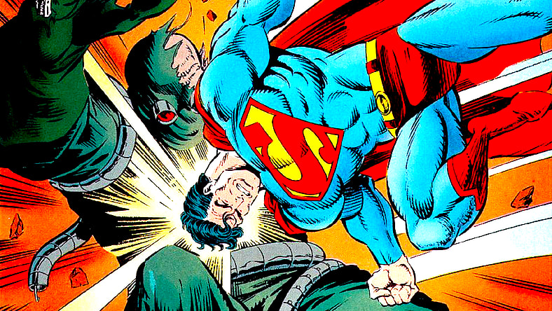 The battle for the ages between The Man of Steel and Doomsday has just begun in The Adventures of Superman Vol.1 #497 "Under Fire" (1992), DC Comics. Words by Jerry Ordway. Art by Tom Grummett, Doug Hazlewood, and Glenn Whitmore.
