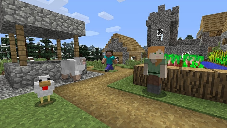 Players, in Steve and Alex skins, explore a village with a farm and animals in Minecraft (2011), Mojang Studios, Xbox Game Studios