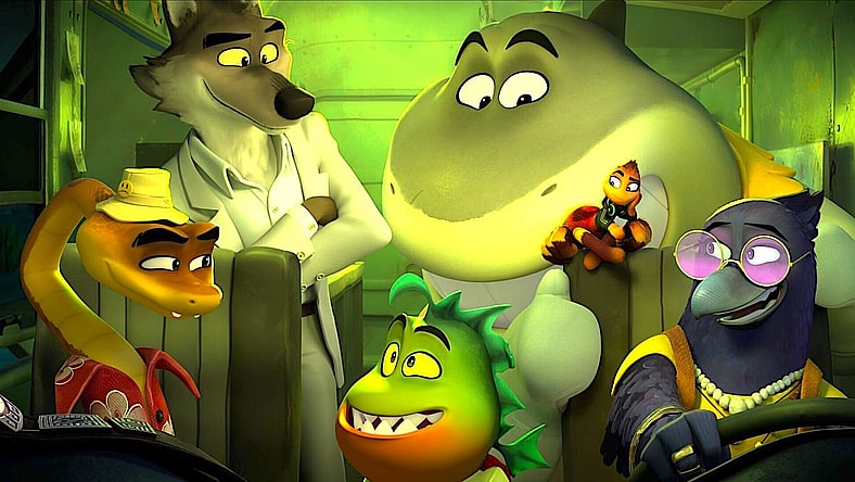 (from left) Snake (Marc Maron), Wolf (Sam Rockwell), Piranha (Anthony Ramos), Shark (Craig Robinson), Tarantula (Awkwafina), and Susan (Natosha Lyonne).