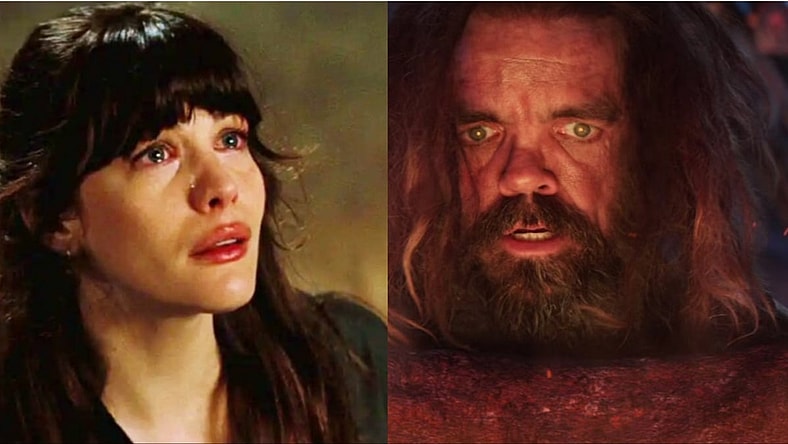 Liv Tyler crying while looking at Bruce Banner in The Incredible Hulk (2008): Eitri (Peter Dinklage) emerging from hiding to meet Thor in Avengers: Infinity War/Marvel Entertainment