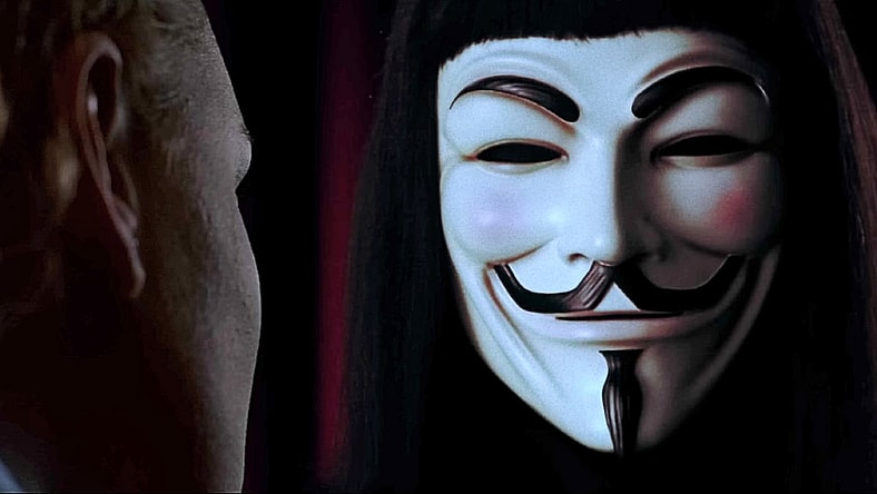 Some Guy (Hugo Weaving) gets T-V time in V for Vendetta (2006), Warner Bros. Pictures