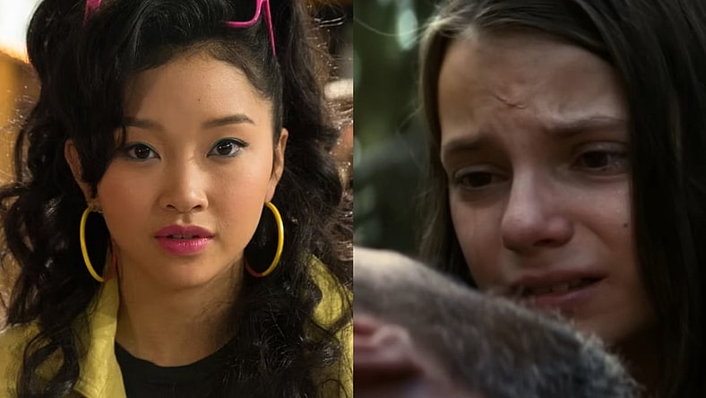 Jubilation Lee/Jubilee (Lena Condor) outside Professor X's class in X-Men Apocalypse, 2017, 20th Century Studios: X-23/Laura Kinney (Dafne Keen) crying over Logan (Hugh Jackman) as he dies in Logan, 2017, 20th Century Fox, collage