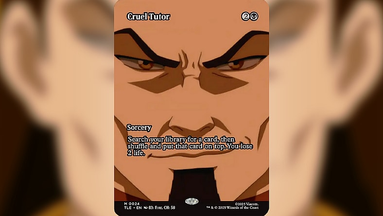Fire Lord Ozai (Mark Hamill) smiles as everything goes according to keikaku via Cruel Tutor (Card #024), Magic: The Gathering - Avatar: The Last Airbender Eternal (2025), Wizards of the Coast. Art by Viacom.