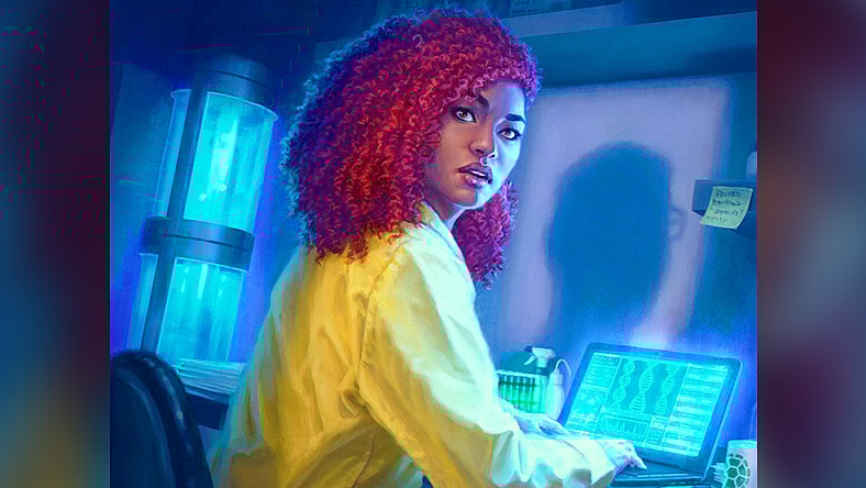 April attempts to hack into Dr. Stockman's files via April O'Neil, Hacktivist (Card #029), Magic: The Gathering – Teenage Mutant Ninja Turtles (2026), Wizards of the Coast. Art by Xabi Gaztelua.