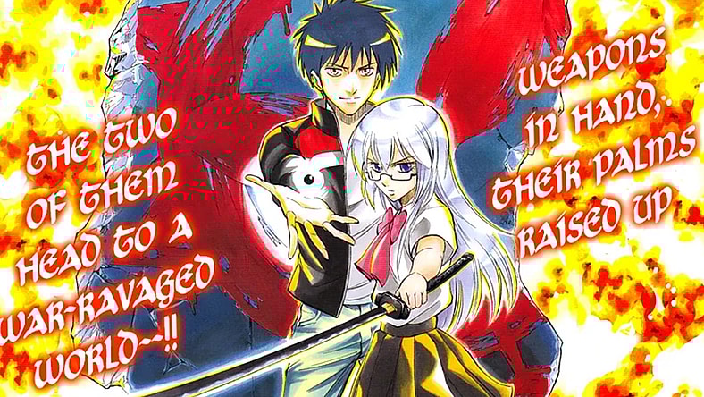 Ageha and Sakurako stand united on Toshiaki Iwashiro's color page to Psyren Chapter 112 "Survival" (2010), Shueisha