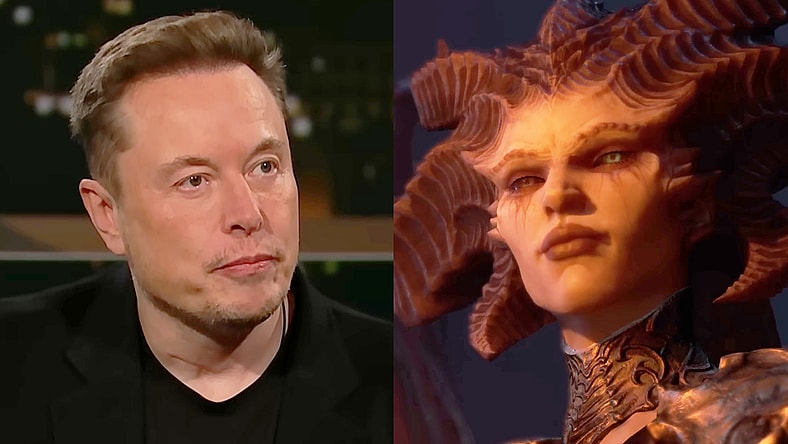 Elon Musk talks politics on Real Time with Bill Maher (2023), HBO / Lilith (Caroline Faber) prepares to slaughter the inhabitants of Kasama in Diablo IV (2023), Blizzard Entertainment