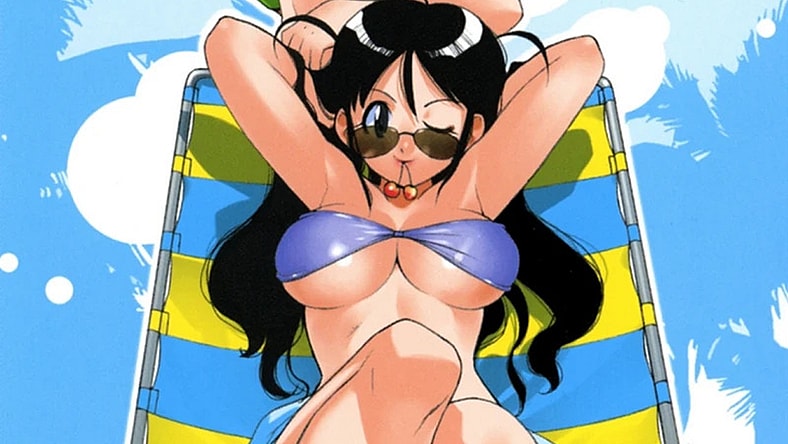 Aki Hinata catches some rays on Mine Yoshizaki's color pin-up to Keroro Gunso (Sgt. Frog) (2000), Kadokawa