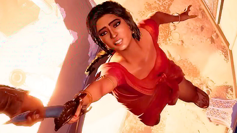 The Prince (Yuri Lowenthal) reaches out to save Farrah (Joanna Wasick) in The Prince of Persia: The Sands of Time Remake (Cancelled), Ubisoft