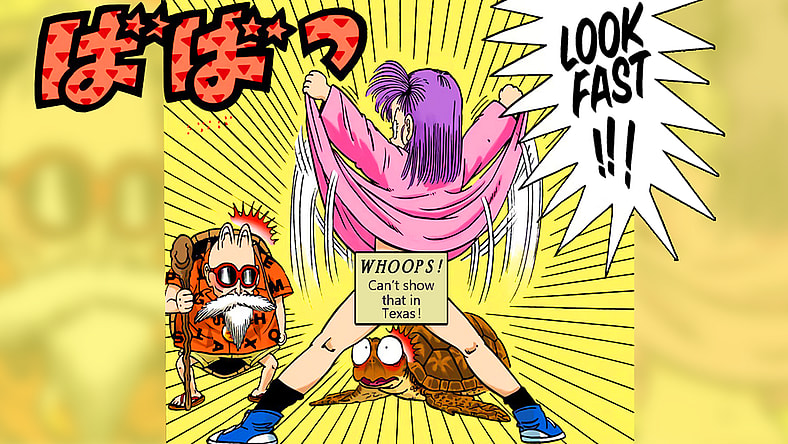 Bulma gives Master Roshi a little more than he bargained for in Dragon Ball Chapter 4 "They Call Him...the Turtle Hermit!" (1984), Shueisha. Words and art by Akira Toriyama.