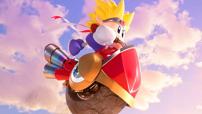 Knuckle Joe (N/A) shoots through the air atop a Wheelie Bike in Kirby Air Riders (2025), Nintendo