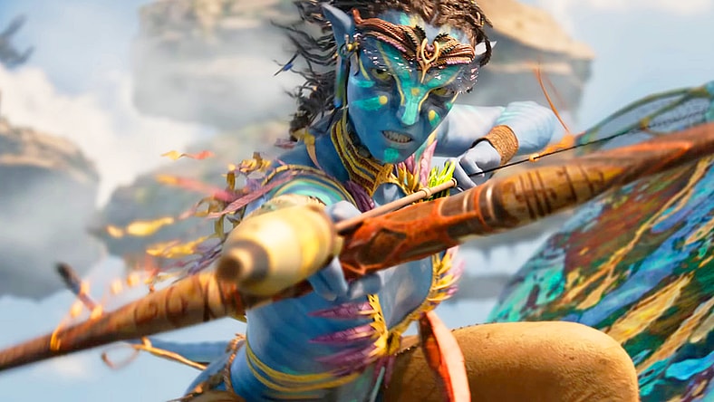 Neytiri (Zoe Saldaña) aims a grenade-tipped arrow at an RDA transport in Avatar: Fire and Ash (2025), 20th Century Studios