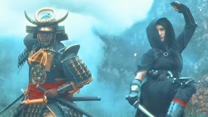 Yasuke (Ruan “JogaZulu” Silva) and Naoe (Thais Matsufugi) fight for justice in the live-action tokusatsu commercial for Assassin's Creed Shadows (2025), Ubisoft