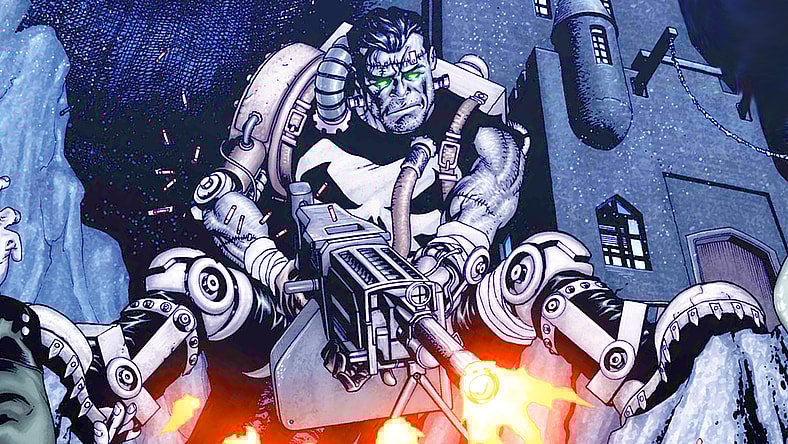 Franken-Castle lets loose upon a groiup of undead Ratzis on Mike McKeone's cover to Punisher Vol. 8 #5 "Franken-Castle, Part 5" (2010), Marvel Comics