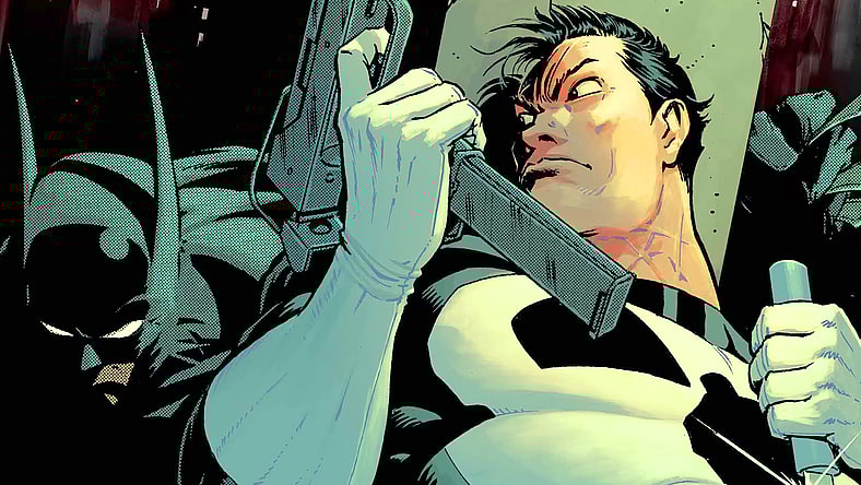 The Punisher finds himself cornered by the Absolute Batman on Nick Dragotta's variant cover to Batman/Deadpool Vol. 1 #1 (2025), DC/Marvel Comics