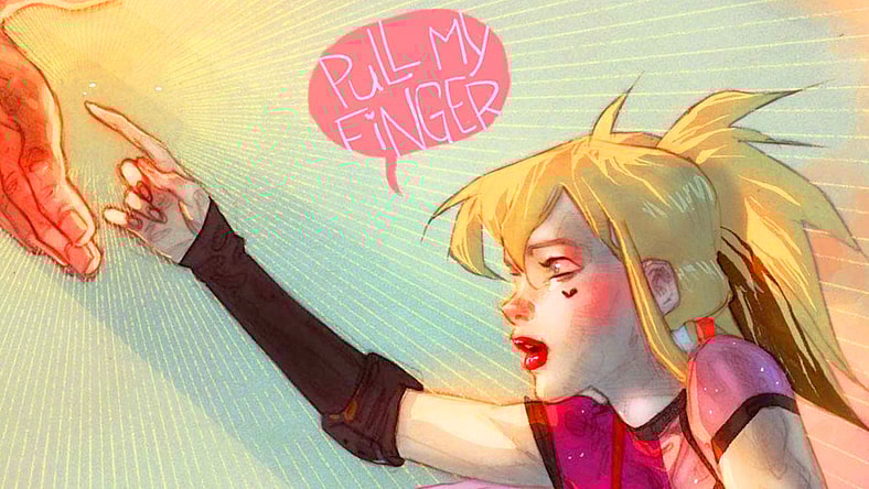 Harley Quinn attempts to pull a prank on Ben Caldwell's variant cover to Harley Quinn Fartacular: Silent Butt Deadly Vol. 1 #1 (2025), DC