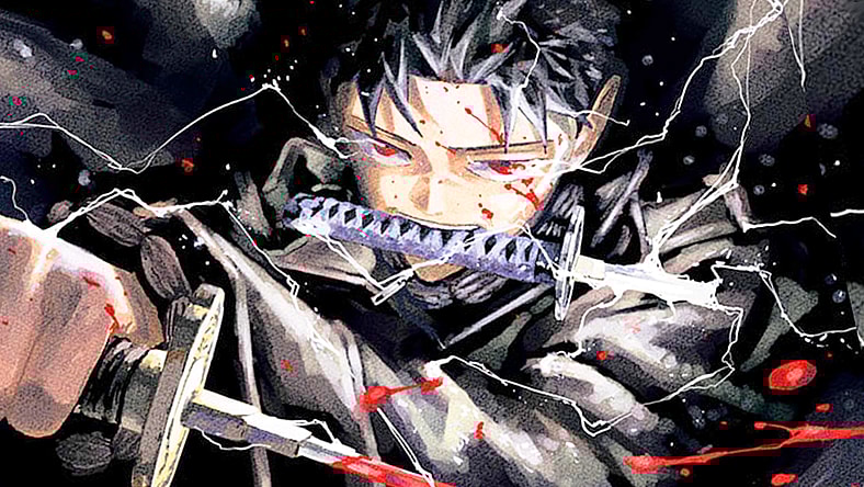 Chihiro Rokuhira unleashes a unique variant of Mei:Shred against Yura on Takeru Hokazono's cover page to Kagurabachi Chapter 32 "Wall" (2024), Shueisha