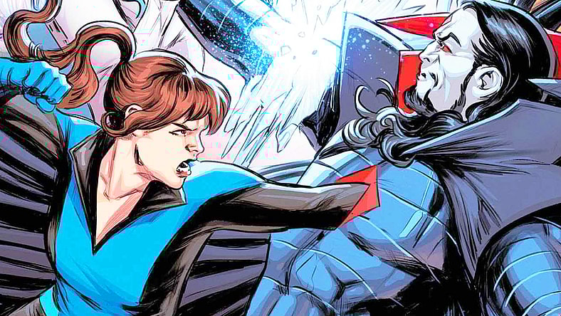 Kitty Pryde phases her hand through Mr. Sinister's chest on Carmen Carnero's cover to Exceptional X-Men Vol. 1 #9 (2025), Marvel Comics