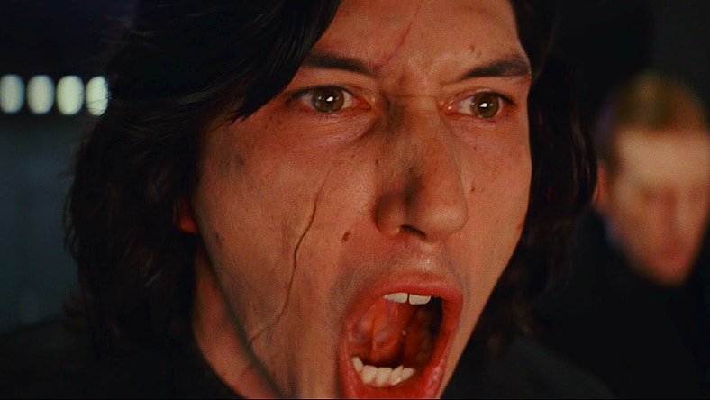 An enraged Kylo Ren (Adam Driver) orders his First Order forces to pour on the firepower against Luke Skywalker (Mark Hamill) in Star Wars Episode VIII: The Last Jedi (2017), Lucasfilm Ltd.