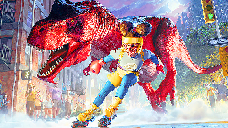 Lunella Lafayette and Devil hit the New York streets via Moon Girl and Devil Dinosaur (Card #0223), Magic: The Gathering - Marvel Superheroes (2026), Wizards of the Coast. Art by Zezhou Chen.