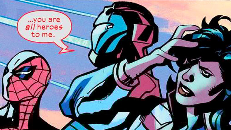 Doom, Spider-Man, Iron Lad, and America breach the barrier surrounding the Maker's City of Tomorrow in Ultimate Endgame Vol. 1 #1 (2025), Marvel Comics. Words by Deniz Camp, art by Jonas Scharf, Terry Dodson, Federico Blee, Edgar Delgado, and Cory Petit.