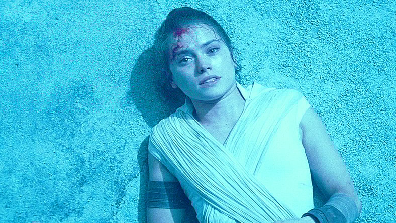 Rey (Daisy Ridley) realizes she's no match for Sheev Palpatine (Ian McDiarmid) in Star Wars: Episode IX - The Rise of Skywalker (2019), Disney