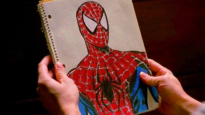 Peter Parker (Tobey Maguire) finalizes his webs in Spider-Man (2002), Sony