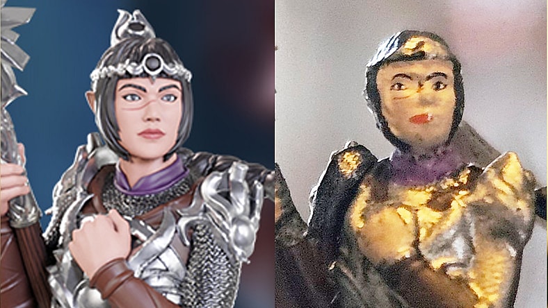 A comparison between the advertised and delivered versions of WizKids' Shadowheart mini, as featured in their 'Baldur's Gate 3' set of 'Dungeons & Dragons minis