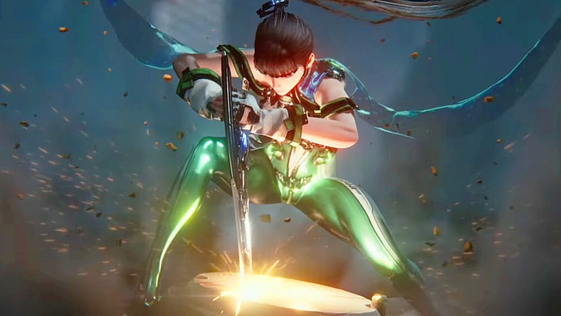 Eve (Rebecca Hanssen) crashes from the sky and slays a Crawler-type Rapture unit in Goddess of Victory: Nikke (2022), Shift Up