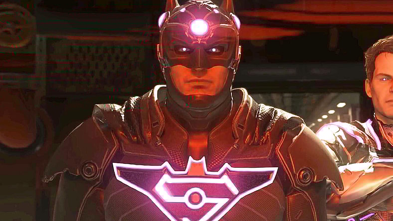 Superman (George Newburn) uses Braniac's (Jeffrey Combs) technology to mind control Batman (Kevin Conroy) and force him to his side in Injustice 2 (2017), NetherRealm Studios