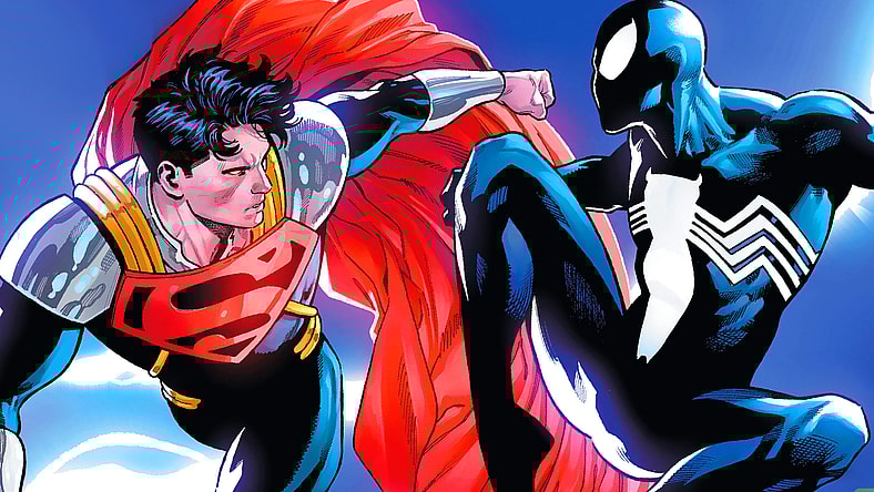 Superboy-Prime finds himself annoyed with Spider-Man's symbiote-side on Daniel Sampere's variant cover to Superman/Spider-Man Vol. 1 #1 (2026), DC/Marvel
