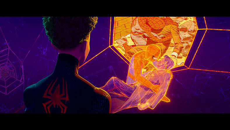 Miles (Shameik Moore) watches on as Spider-man (Josh Keaton) mourns the loss of Captain Stacy (Clancy Brown) in Spider-Man: Across the Spider-Verse (2023), Sony Animation