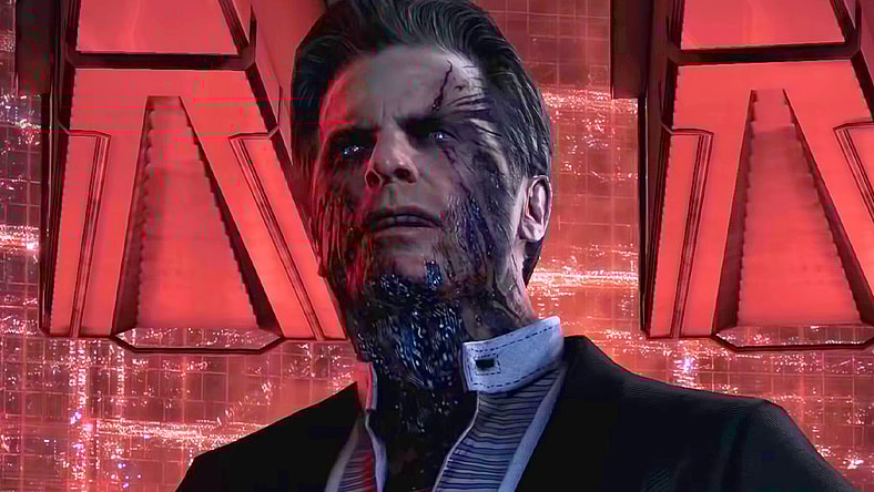 The Illusive Man (Martin Sheen) attempts to win Commander Shephard (Mark Meer) over to the Reapers' cause in Mass Effect Legendary Edition (2021), Electronic Arts