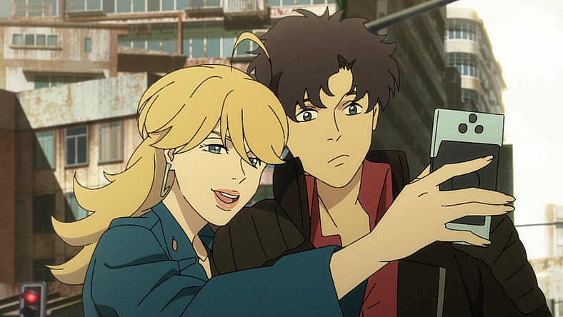 Christine (Yuma Uchida) snaps a selfie with Axel (Mamoru Miyano) in Lazarus Episode 1 "Goodbye Cruel World" (2025), Adult Swim