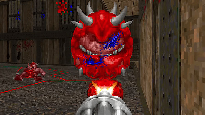 Doomguy shoots a Cacodemon right in the eye in the SIGIL 2 mod for DOOM II (1994), id Software