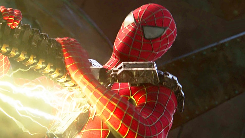 Peter 2 (Tobey Maguire) finds himself on the receiving end of a Doc Ock (Alfred Molina) - Electro (Jamie Foxx) combo in Spider-Man: No Way Home (2021), Marvel Entertainment