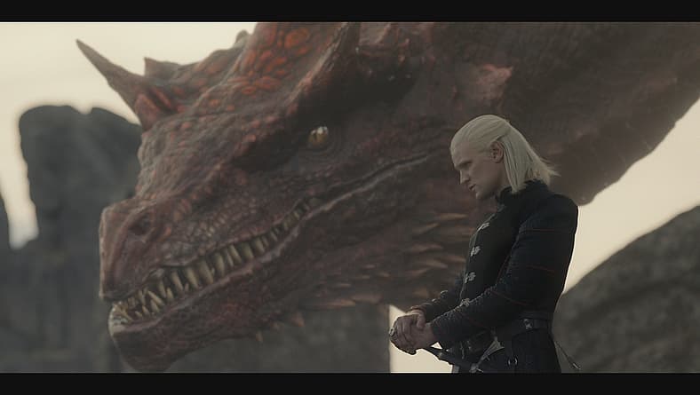 Prince Daemon Targaryen (Matt Smith) flies Caraxes in House of the Dragon S1E1 (2022), HBO