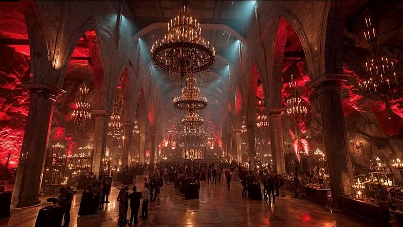 AI-generated image of Castle Dracula's Ballroom in Dracula Land Theme Park Six Lands of Adventure