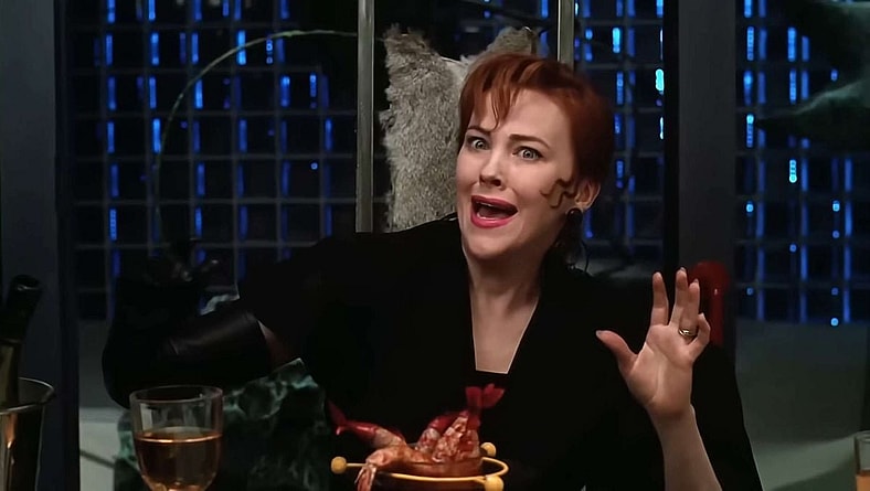 Delia Deetz (Catherine O'Hara) gets the party started in Beetlejuice (1988), Warner Bros. Pictures