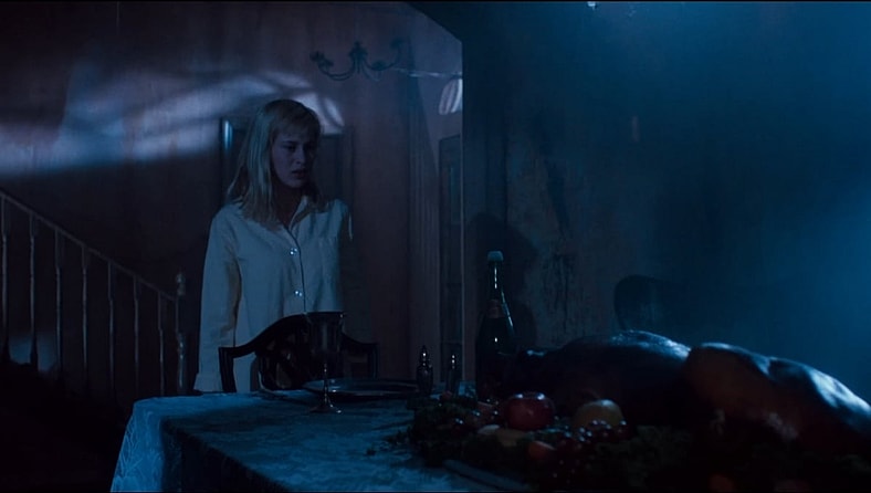 Patricia Arquette's home cooked pork roast is going to waste in A Nightmare on Elm Street 3: Dream Warriors (1987), New Line Cinema 