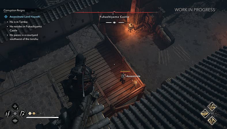 Naoe prepares to assassinate guard from above in Assassin's Creed Shadows (2024), Ubisoft