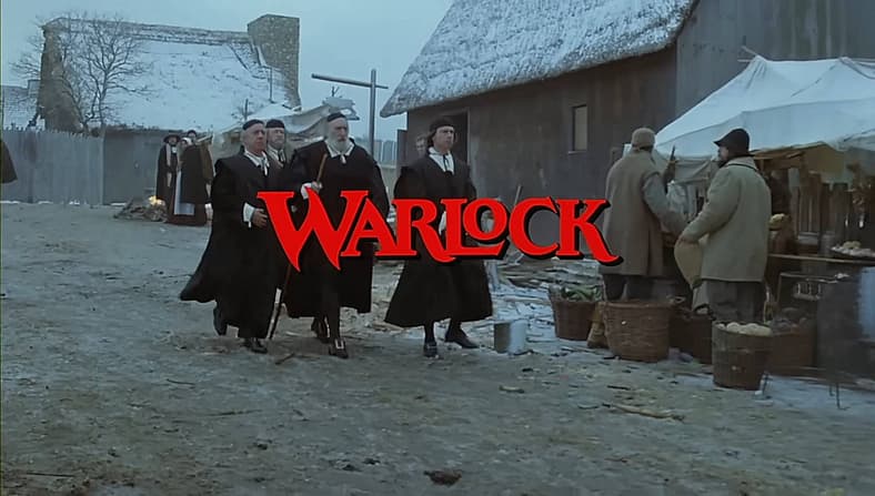 17th-century Puritans carry title card in opening credits of Warlock (1989), Trimark/New World
