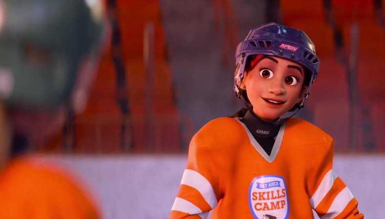 Val (Lilimar) compliments Riley (Kensington Tallman) on her hockey skills in Inside Out 2 (2024)