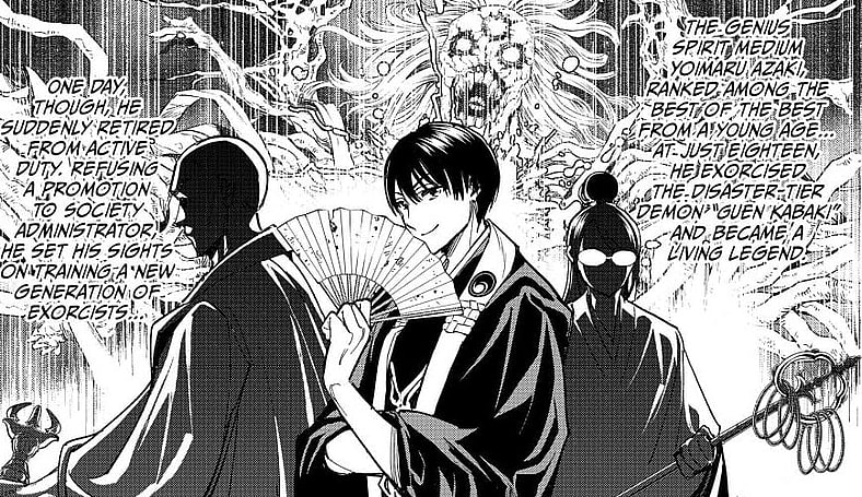 Yoimaru Azaki's reputation in Dead Account Chapter 8 "The Old-Fashioned Exorcist" (2023), Kodansha. Words and Art by Shizumu Watanabe. 