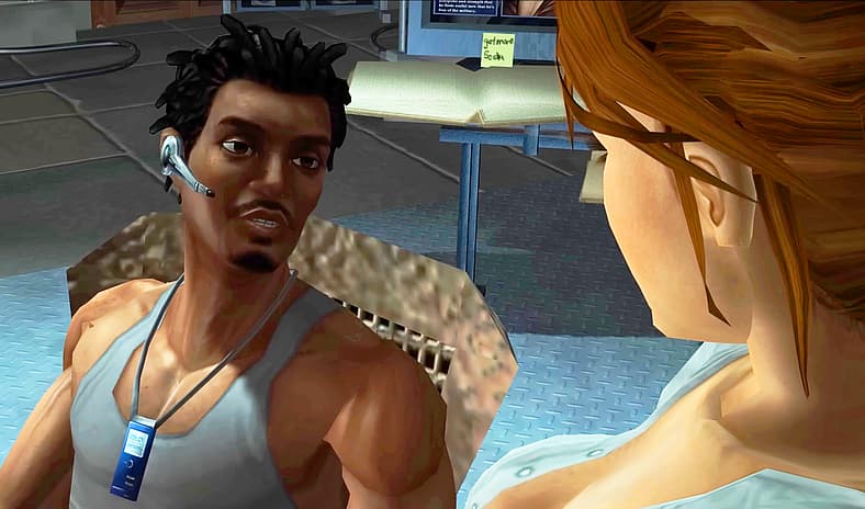 Zip (Alex Désert) tells Lara (Keeley Hawes) where to head next in Tomb Raider: Legend (2006), Eidos