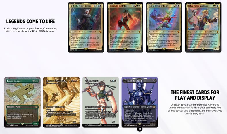 A preview of the four Pre-Con Commanders and alternate art prints set to appear in Magic: The Gathering - Final Fantasy (2025), Wizards of the Coast