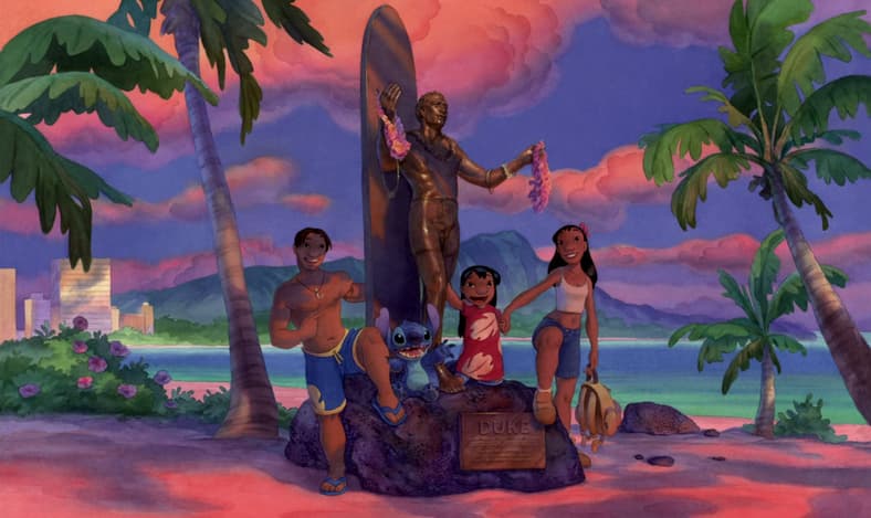 Nani (Tia Carrere), Stitch (Chris Sanders), David (Jason Scott Lee) and Lilo (Daveigh Chase) visit Waikīkī's statue of Duke Kahanamoku in Lilo & Stitch (2002), Walt Disney Studios