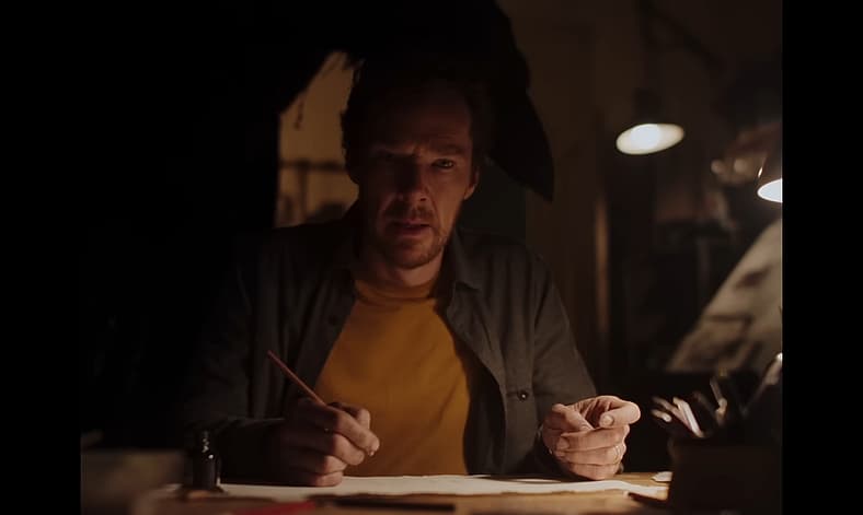 Crow (David Thewlis) contacts man (Benedict Cumberbatch) in The Thing with Feathers (2025), Film4