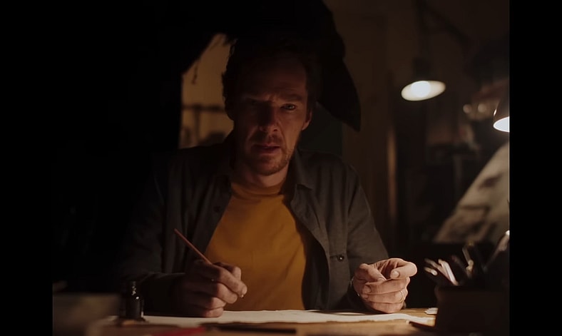 The Crow (David Thewlis) contacts the man (Benedict Cumberbatch) in The Thing with Feathers (2025), Film4