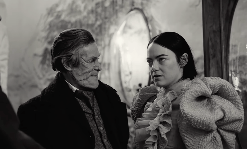 Willem Dafoe as Dr. William Baxter and Emma Stone as Bella Baxter in Poor Things (2023), Searchlight Pictures