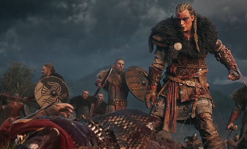 Eivor (Cecile Stenspil) fells an English soldier in Assassin's Creed: Valhalla (2020), Ubisoft